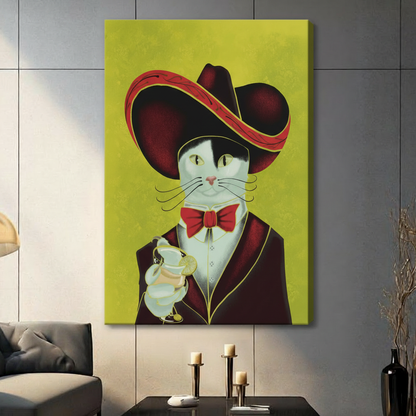 Editorial illustration of a white cat in an oversized burgundy sombrero with red-gold trim red bow tie and dark wine jacket offering a martini glass against a chartreuse textured background quirky cat cocktail wall art stretched canvas in a living room with dark gray panel wall dark sofa and black vase