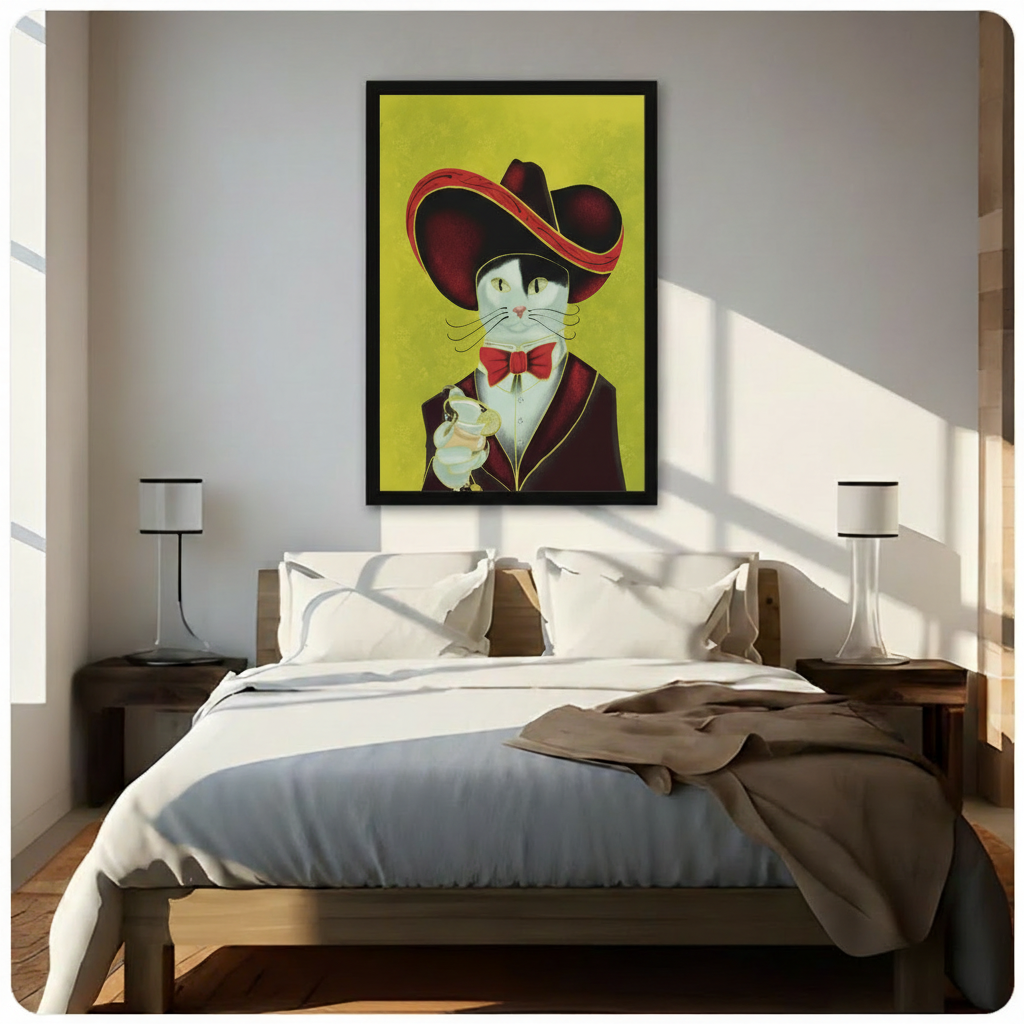 Vintage editorial illustration of a white tuxedo cat in an oversized burgundy sombrero red bow tie and dark jacket extending a martini glass against a chartreuse textured background elegant cat wall art framed print above a bedroom with white linen bedding dark wood bed frame and cylindrical table lamps