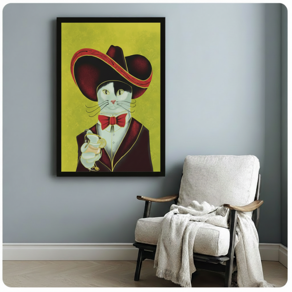 Vintage editorial portrait of a white tuxedo cat wearing a wide burgundy sombrero red bow tie and dark jacket holding a cocktail glass against a yellow-green background charming cat bar wall art framed print beside a white linen armchair on a blue gray wall
