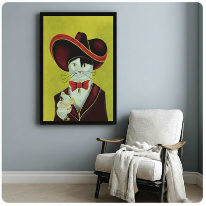 Vintage editorial portrait of a white tuxedo cat wearing a wide burgundy sombrero red bow tie and dark jacket holding a cocktail glass against a yellow-green background charming cat bar wall art framed print beside a white linen armchair on a blue gray wall