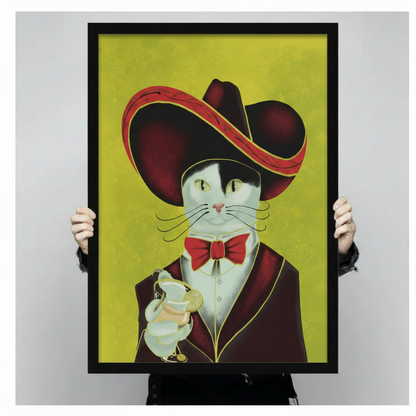 Vintage illustration of a white cat in a large red-trimmed burgundy sombrero red bow tie and dark wine jacket holding a martini with olive against a yellow-green background funny cat cocktail wall art framed print held against a light gray background