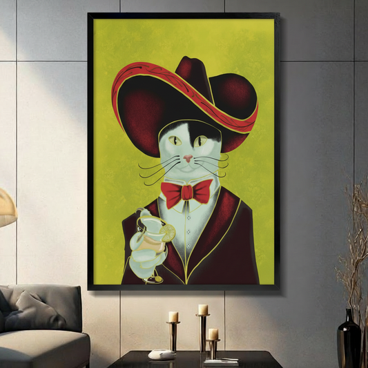 Vintage illustration of a white tuxedo cat in a large burgundy sombrero red bow tie and dark jacket holding a martini glass against a yellow-green textured background elegant cat bar wall art framed print in a living room with dark gray panel wall dark sofa and black vase
