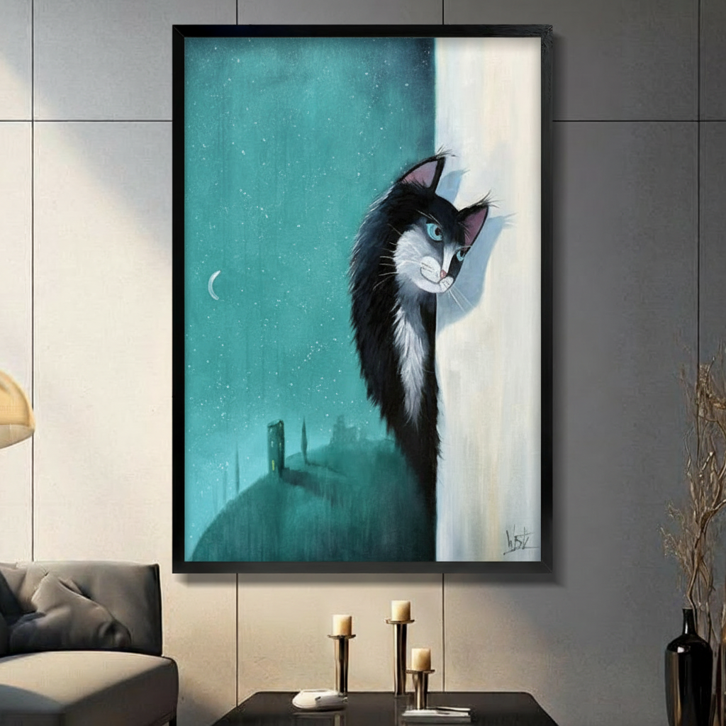 Tuxedo cat peeking at moonlit castle framed wall art displayed in modern dark living room