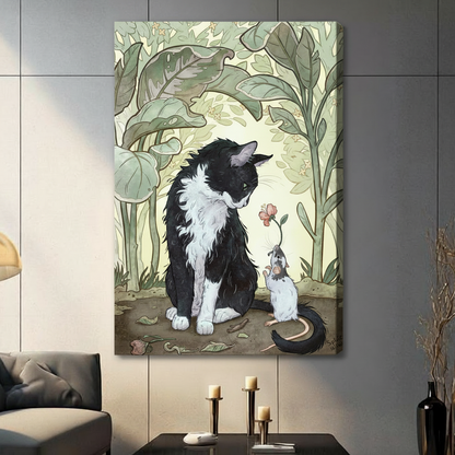 Whimsical black and white tuxedo cat looking at a tiny white mouse holding up a pink hibiscus flower in an enchanted botanical garden with oversized green leaves and warm cream glow stretched canvas wall art print hanging in a contemporary living room with dark gray tiled wa