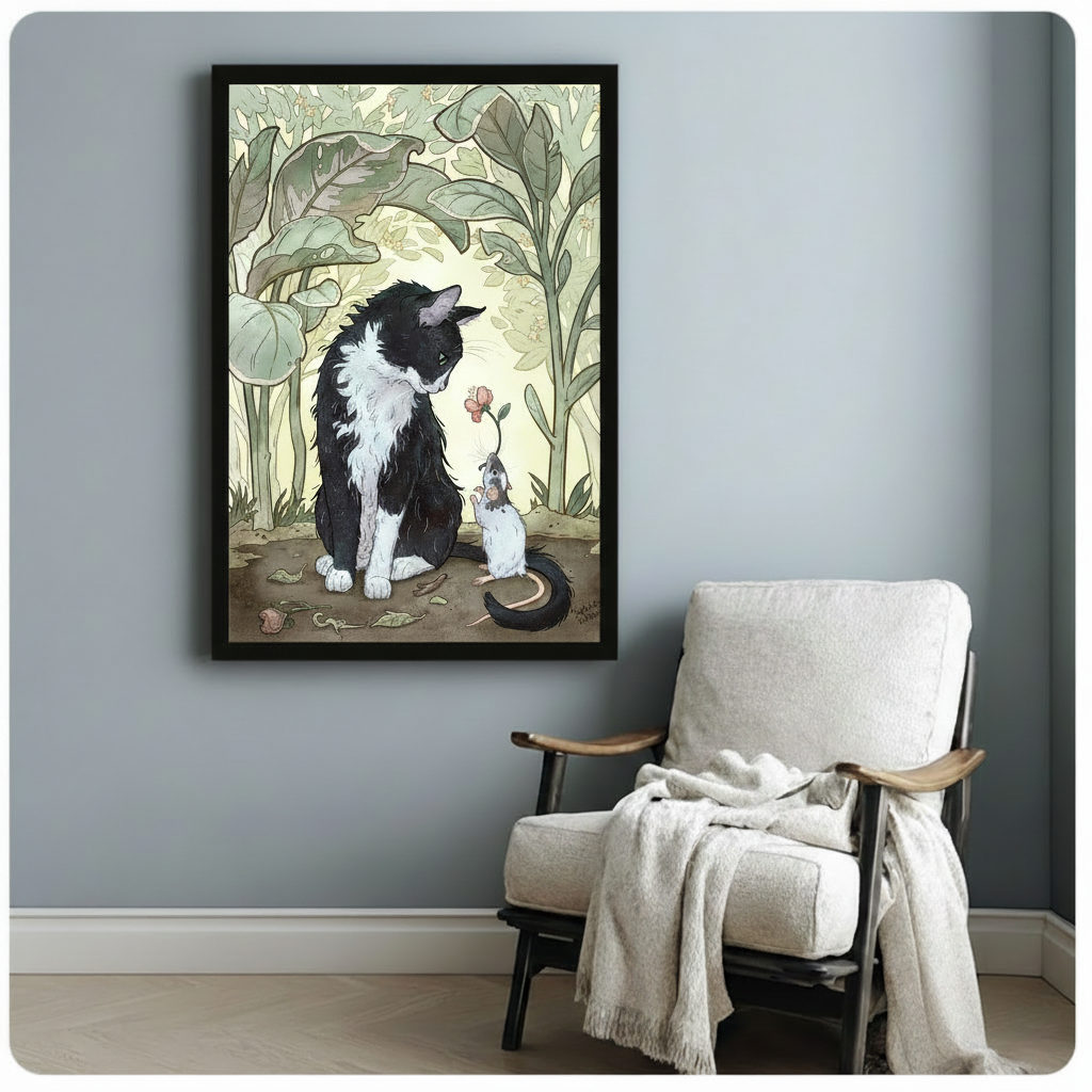 Charming storybook tuxedo cat and white mouse friendship scene with pink flower gift surrounded by lush Art Nouveau botanical foliage and scattered fallen leaves cottagecore illustration framed art poster displayed beside a wooden armchair with white draped throw blanket against a soft blue-gray wall