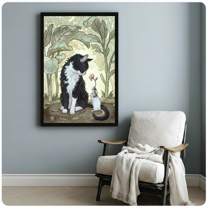 Charming storybook tuxedo cat and white mouse friendship scene with pink flower gift surrounded by lush Art Nouveau botanical foliage and scattered fallen leaves cottagecore illustration framed art poster displayed beside a wooden armchair with white draped throw blanket against a soft blue-gray wall