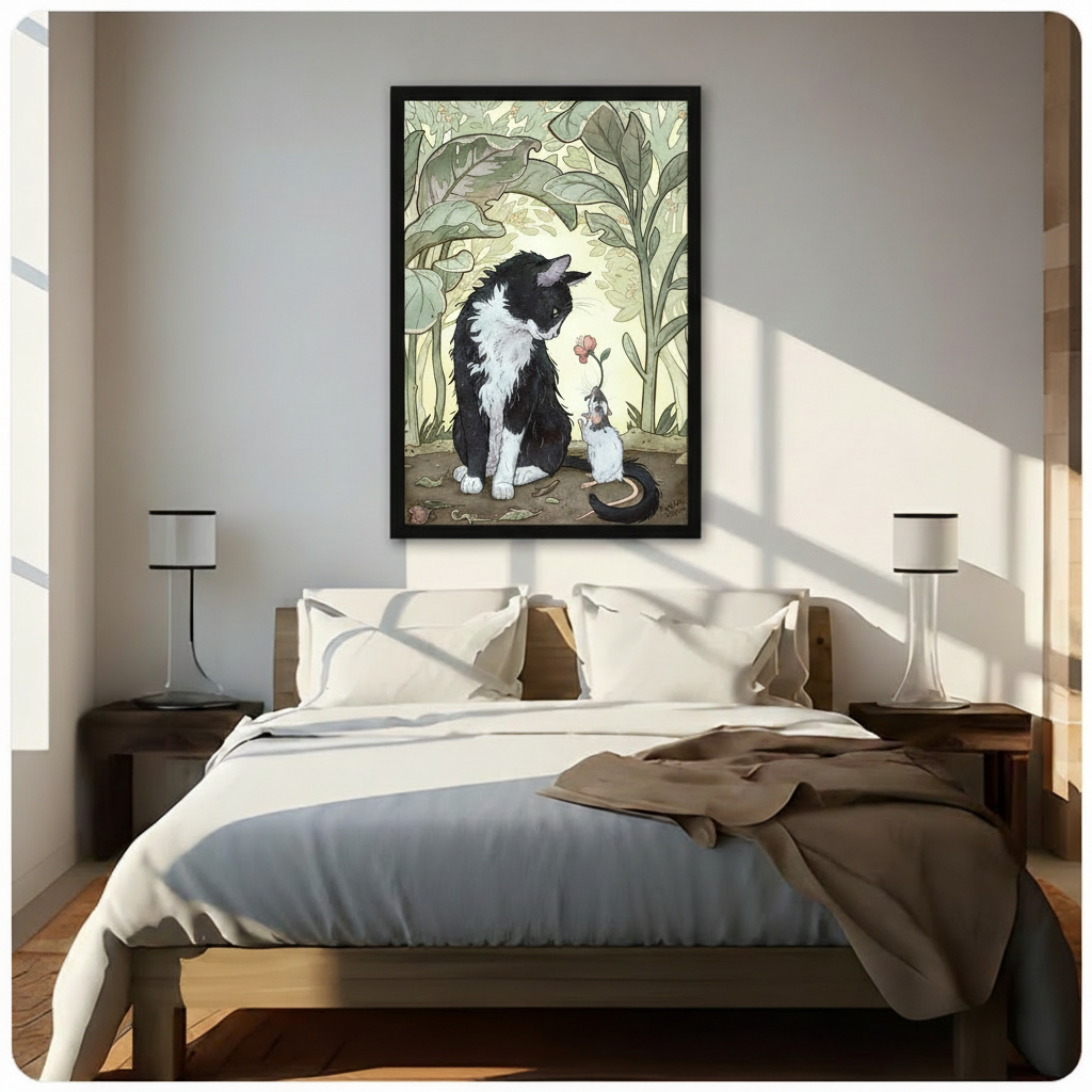 Heartwarming tuxedo cat and white mouse with pink flower gift in lush botanical garden setting Art Nouveau leaf background storybook illustration framed wall art print hanging above a modern bedroom bed with white linen bedding, dark wood nightstands, and minimalist white table lamps