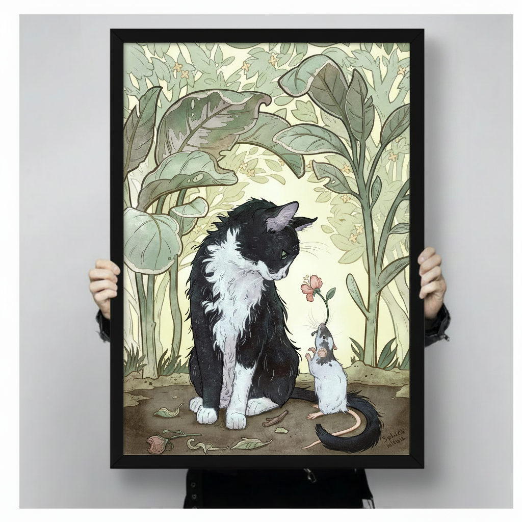 Enchanting illustration of a fluffy black and white cat bending toward a small white mouse offering a pink flower with detailed botanical leaf background and warm cream light framed wall art print held up for size reference against a light gray neutral backgroun
