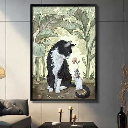 Storybook illustration of a fluffy tuxedo cat gazing down at a small white mouse offering a pink flower surrounded by lush Art Nouveau botanical leaves and fallen foliage on cream background framed wall art print displayed in a living room with dark gray sofa, pillar candle holders, and black decorative vas