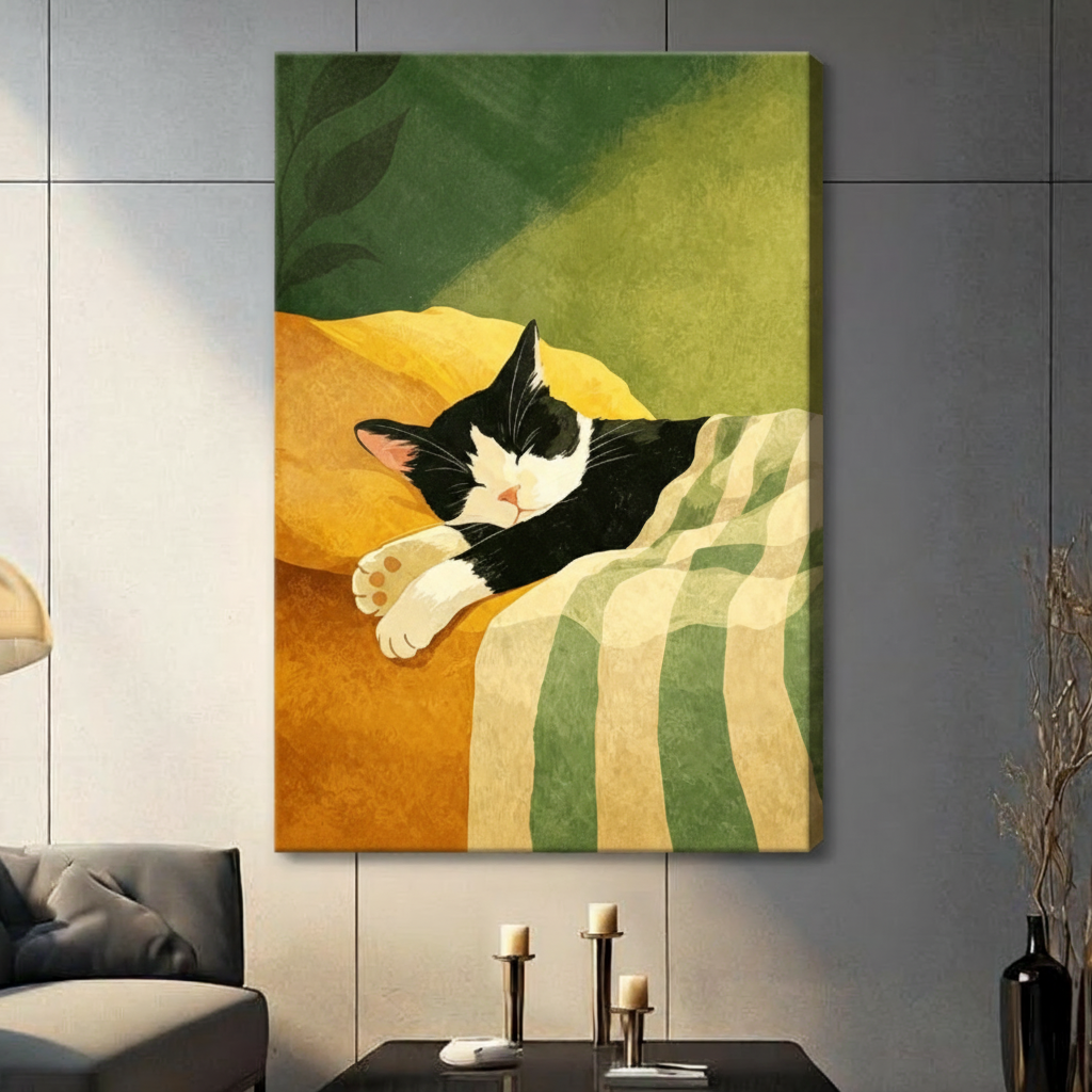 Gallery wrap stretched canvas of a black and white tuxedo cat with closed eyes and a pink nose napping on a warm amber sofa draped with a sage green plaid blanket surrounded by dark tropical leaves modern flat illustration hung frameless on a gray tile wall above a dark sofa