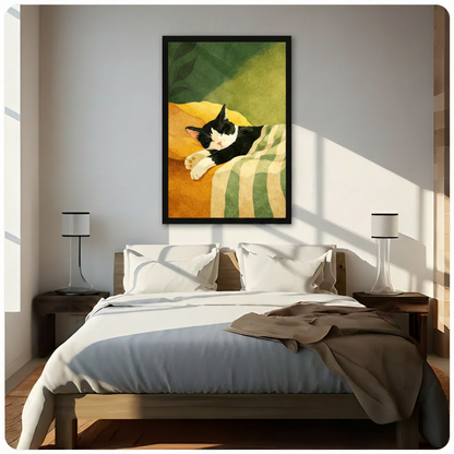 Black framed serene tuxedo cat sleeping on a golden yellow sofa with a sage green plaid blanket and dark tropical leaf background minimalist flat illustration canvas wall art hung in bright diagonal sunlight above a dark wood bed with white linen bedding and matching wood nightstands