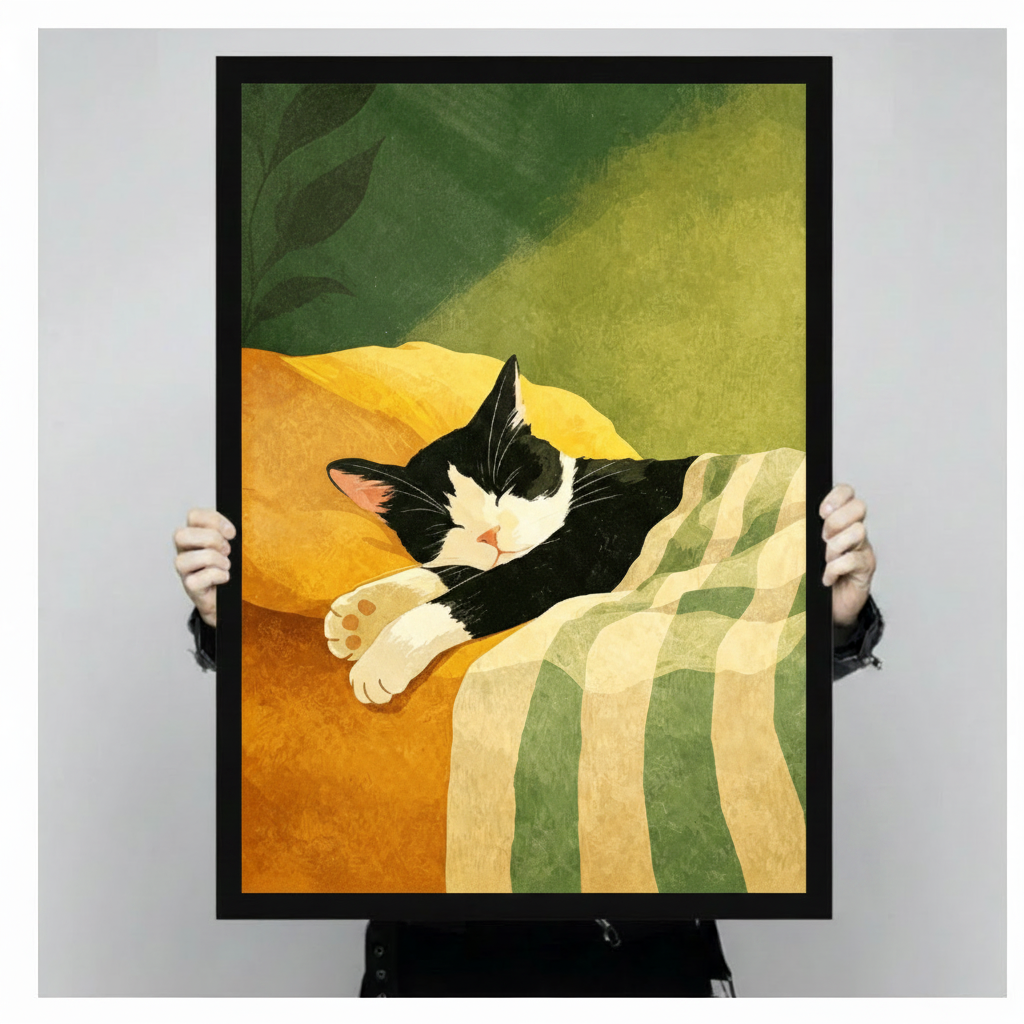 Two hands holding a large black framed minimalist black and white tuxedo cat napping on a golden sofa with a green checkered blanket and tropical leaf background flat illustration canvas art print in warm green and amber tones, front-facing vertical product size display