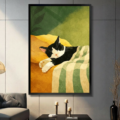 Black framed minimalist tuxedo cat sleeping peacefully on a golden yellow sofa with a green checkered blanket and tropical leaf background flat illustration canvas wall art displayed in a modern gray living room with dark sofa black coffee table and metal candlestick holders