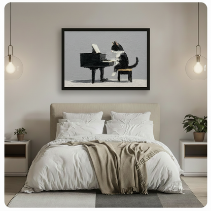 Tuxedo cat grand piano oil painting framed wall art print above linen bed in serene minimalist bedroom with globe pendant lights and white bedding