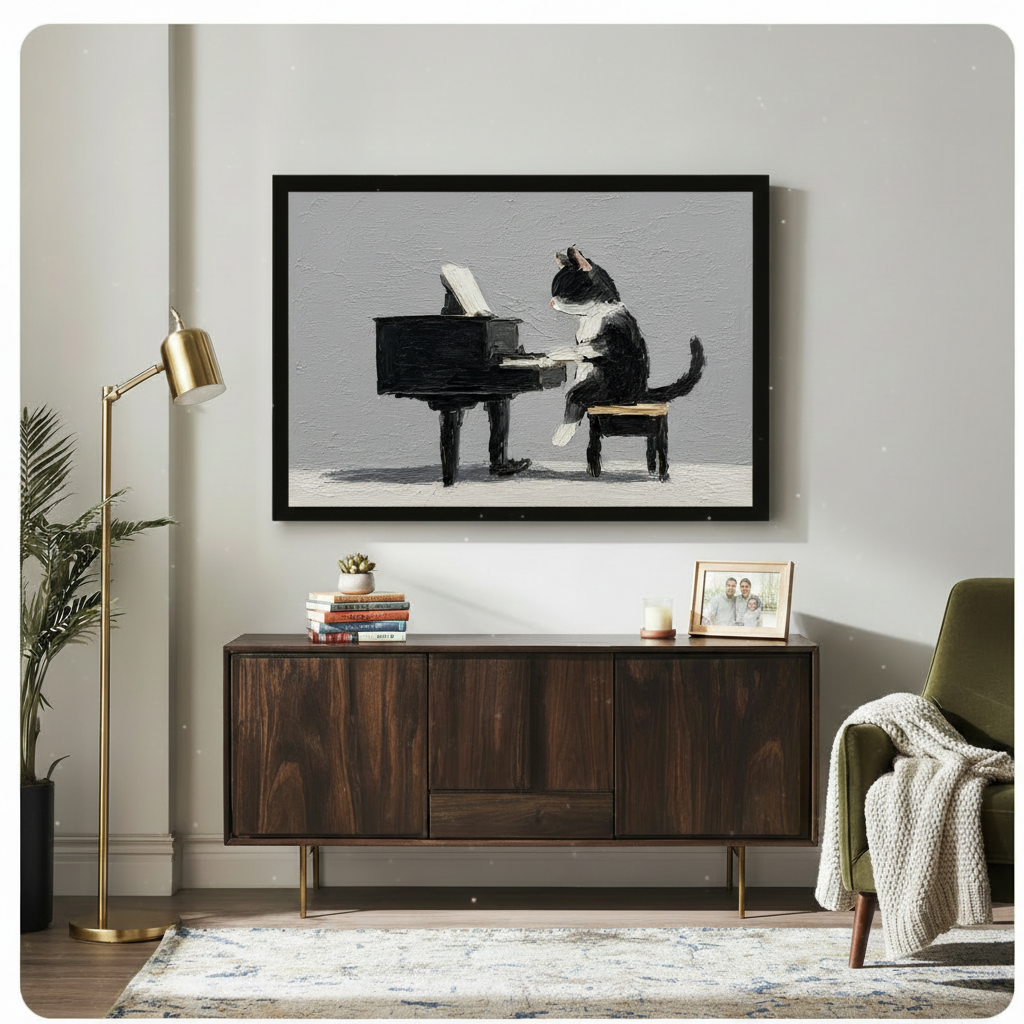 Whimsical tuxedo cat playing piano impressionist oil painting black framed print above dark walnut sideboard in mid-century modern living room with brass floor lamp and green armchair