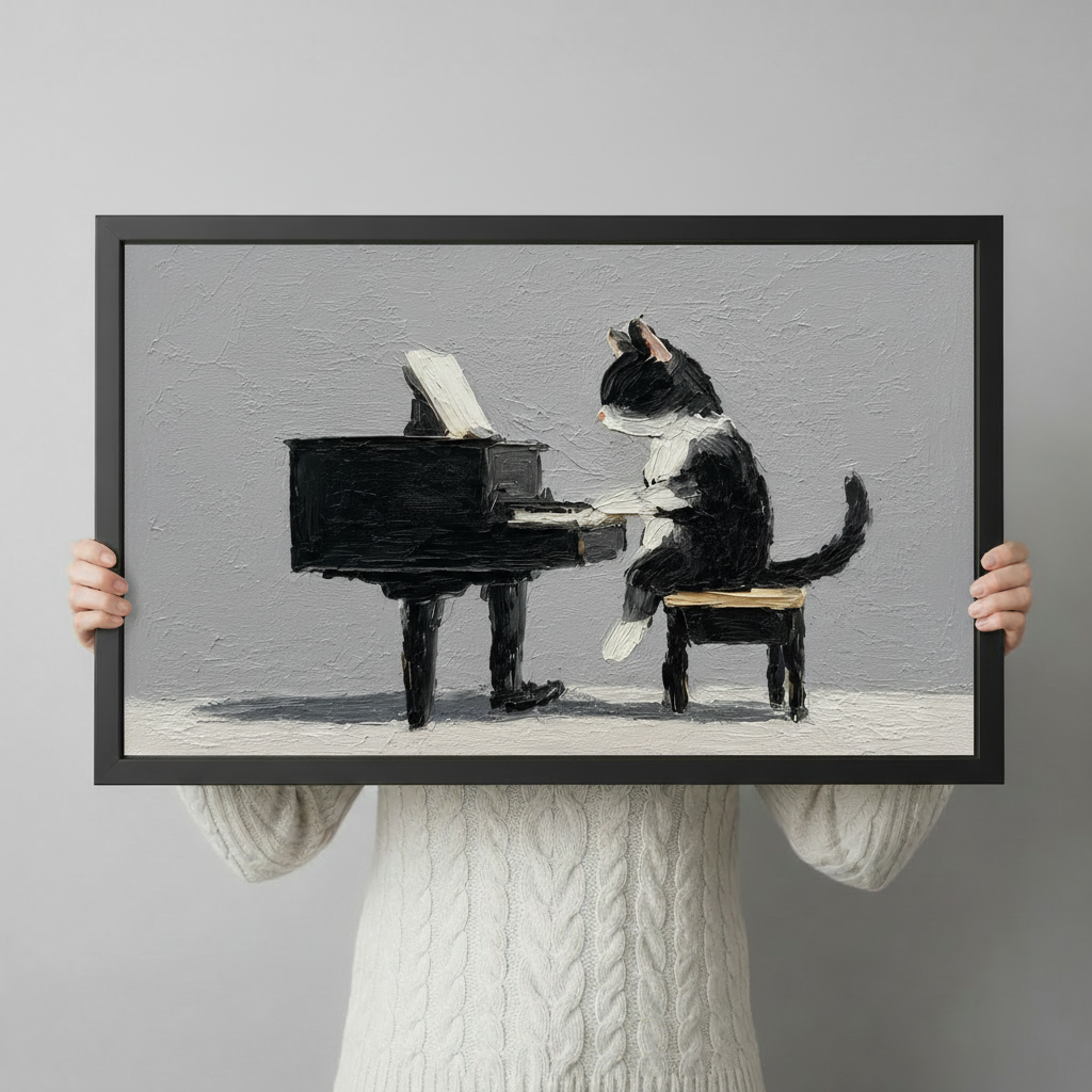 Person in white cable knit sweater holding tuxedo cat playing piano oil painting black framed print showing actual size scale reference