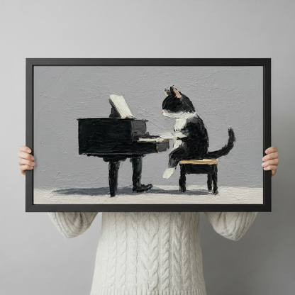 Person in white cable knit sweater holding tuxedo cat playing piano oil painting black framed print showing actual size scale reference