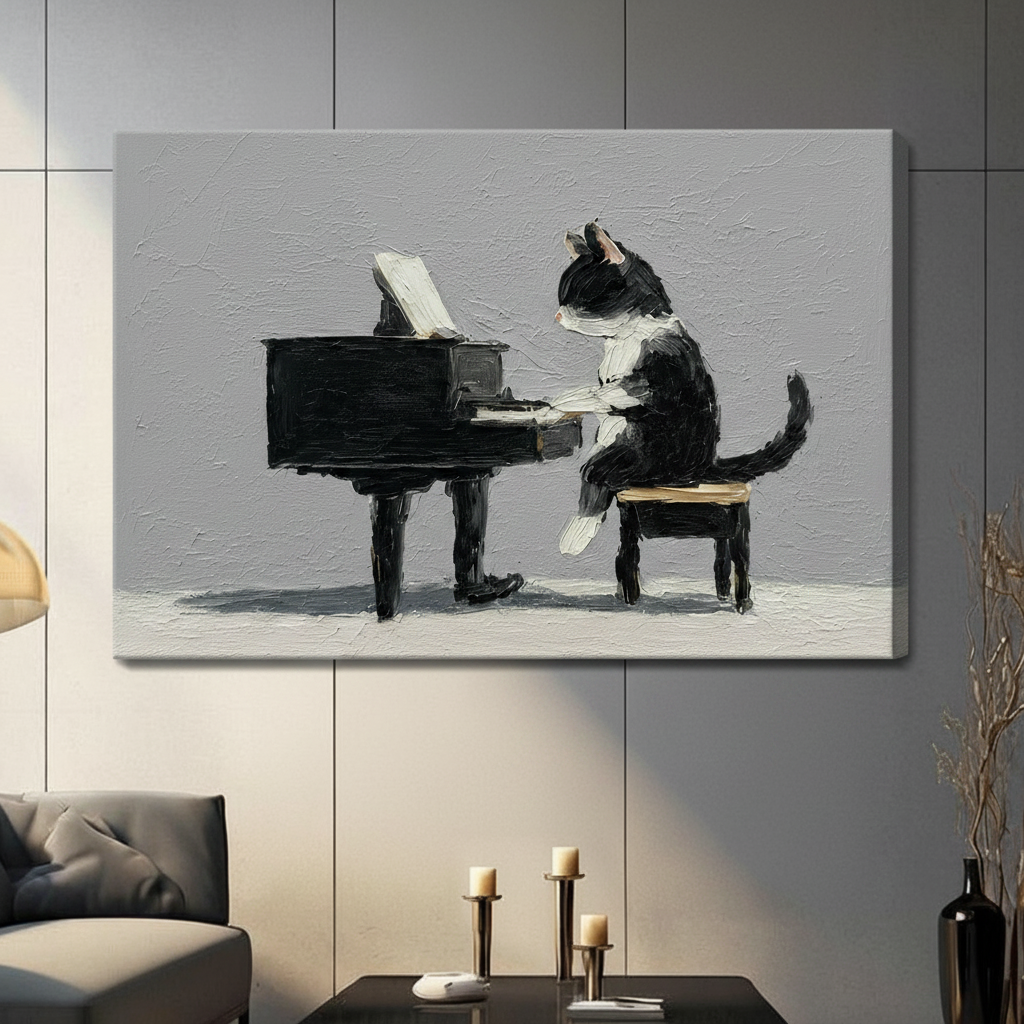 Black and white cat pianist impressionist oil painting canvas wrap print hanging on grey paneled wall in contemporary living room with grey sofa