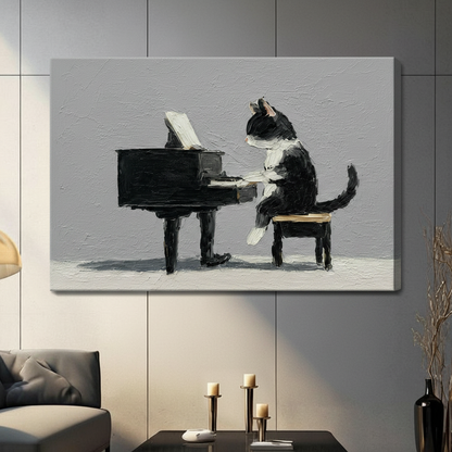 Black and white cat pianist impressionist oil painting canvas wrap print hanging on grey paneled wall in contemporary living room with grey sofa