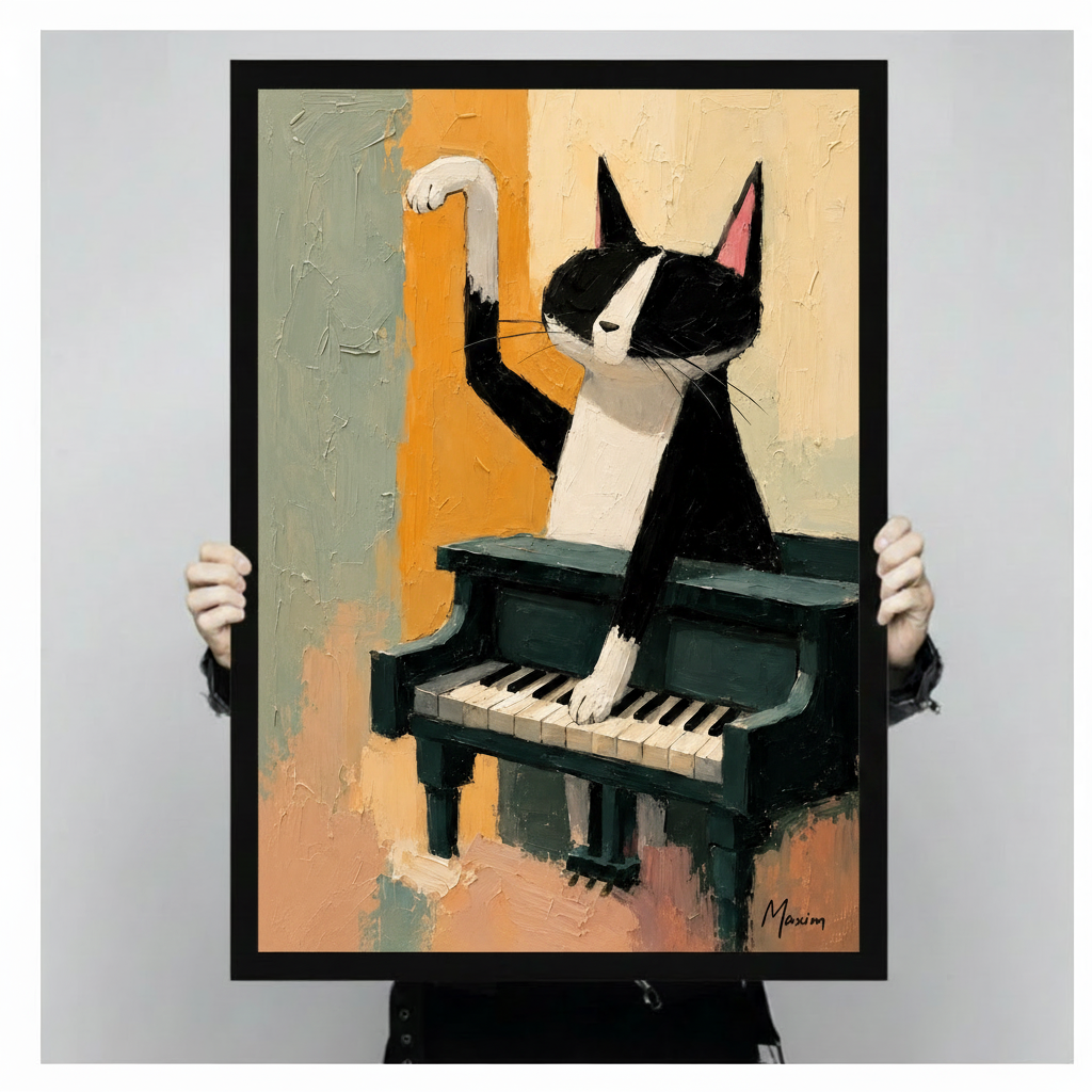 Framed canvas art print of dramatic black and white cat playing grand piano with one paw raised on golden background, held up showing full artwork and black frame