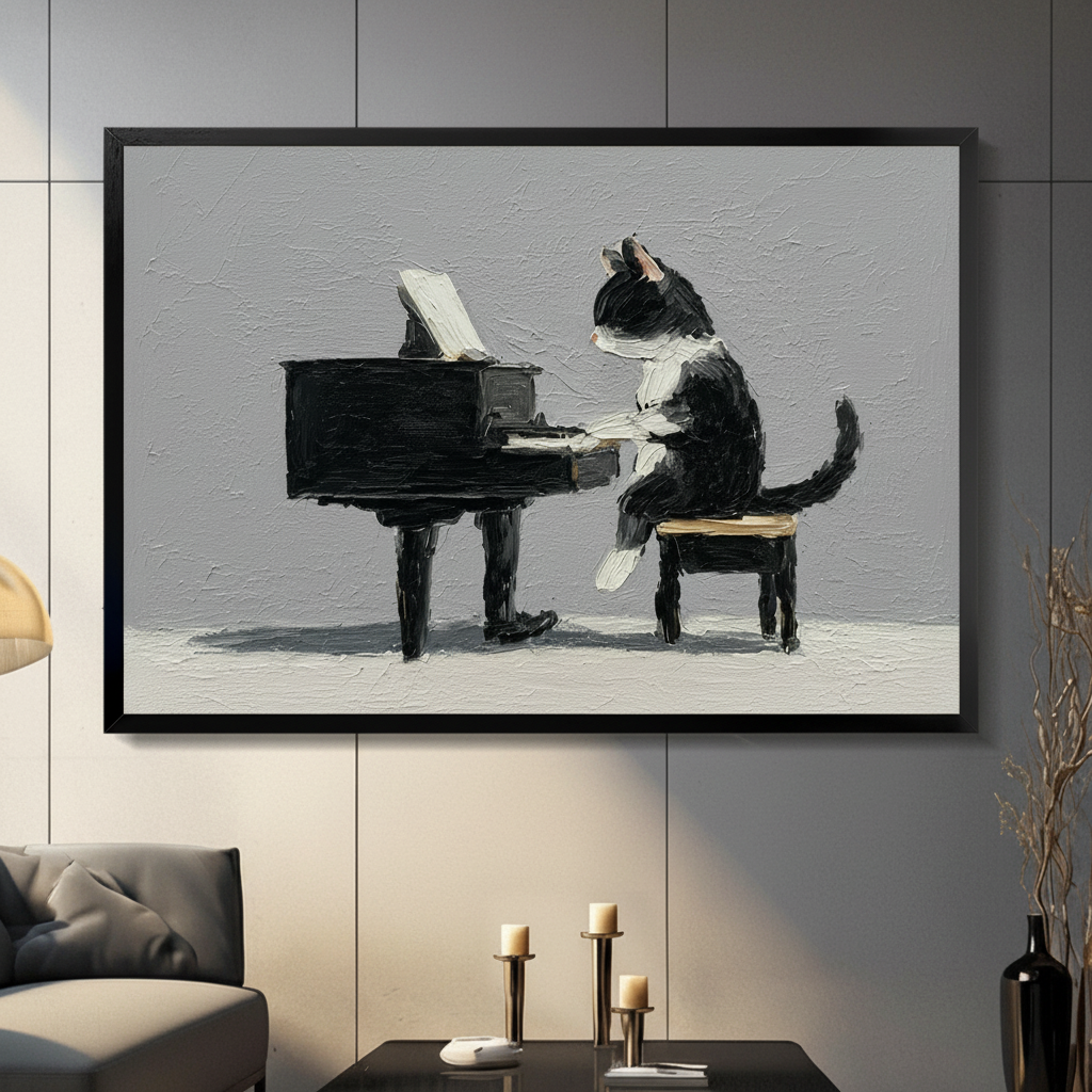 Tuxedo cat playing grand piano oil painting style black framed wall art print displayed in modern grey living room above dark sideboard with candles