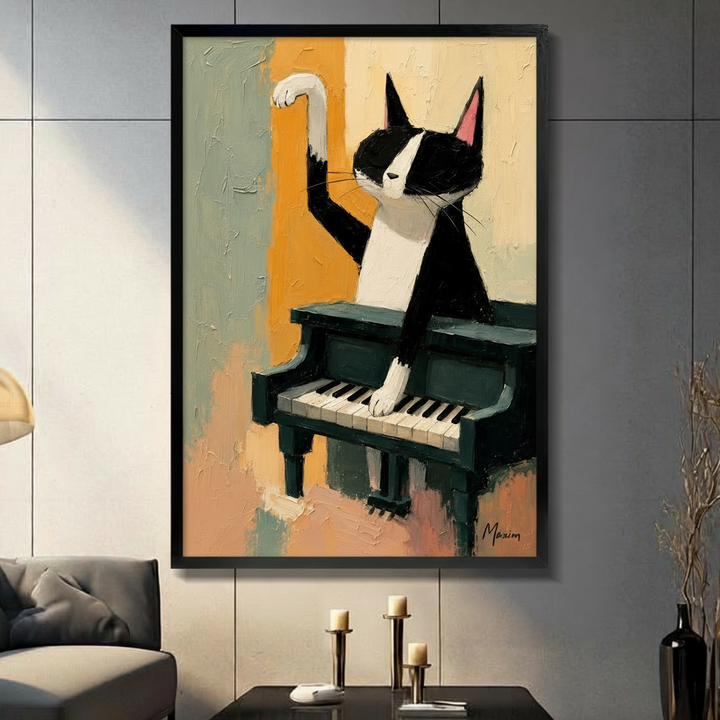 Whimsical tuxedo cat dramatically playing grand piano with paw raised, oil painting style framed canvas wall art in black frame hung on grey tile wall in modern living room