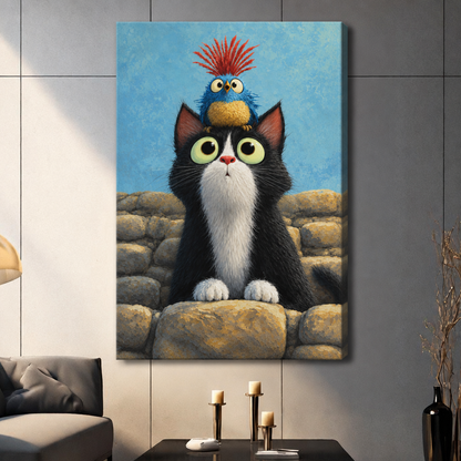 Oil painting of a wide-eyed black and white tuxedo cat on a stone wall with a small blue punk bird with red spiky crest perched on its head funny cat wall art stretched canvas dark panel wall living room