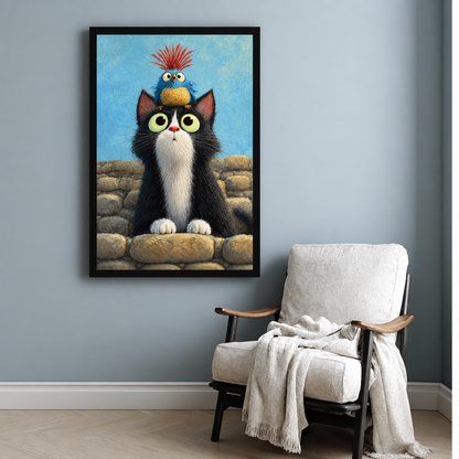 Oil painting of a wide-eyed black and white tuxedo cat on a stone wall with a small blue punk bird with red spiky crest perched on its head funny cat wall art framed print beside armchair blue-gray wall