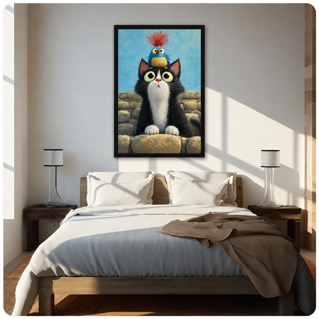 Oil painting of a wide-eyed black and white tuxedo cat on a stone wall with a small blue punk bird with red spiky crest perched on its head funny cat wall art framed print above bed sunlit bedroom