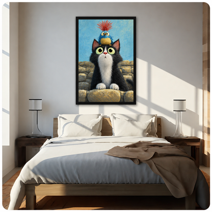 Oil painting of a wide-eyed black and white tuxedo cat on a stone wall with a small blue punk bird with red spiky crest perched on its head funny cat wall art framed print above bed sunlit bedroom