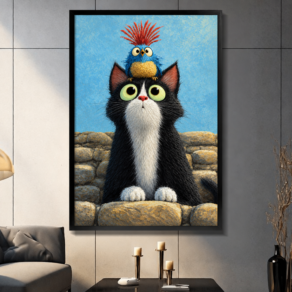 Oil painting of a wide-eyed black and white tuxedo cat on a stone wall with a small blue punk bird with red spiky crest perched on its head funny cat wall art framed print dark panel wall living room