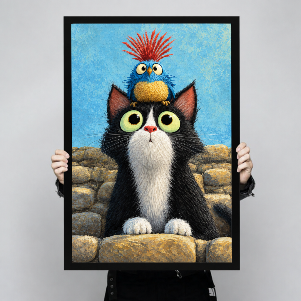 Oil painting of a wide-eyed black and white tuxedo cat on a stone wall with a small blue punk bird with red spiky crest perched on its head funny cat wall art framed print held up
