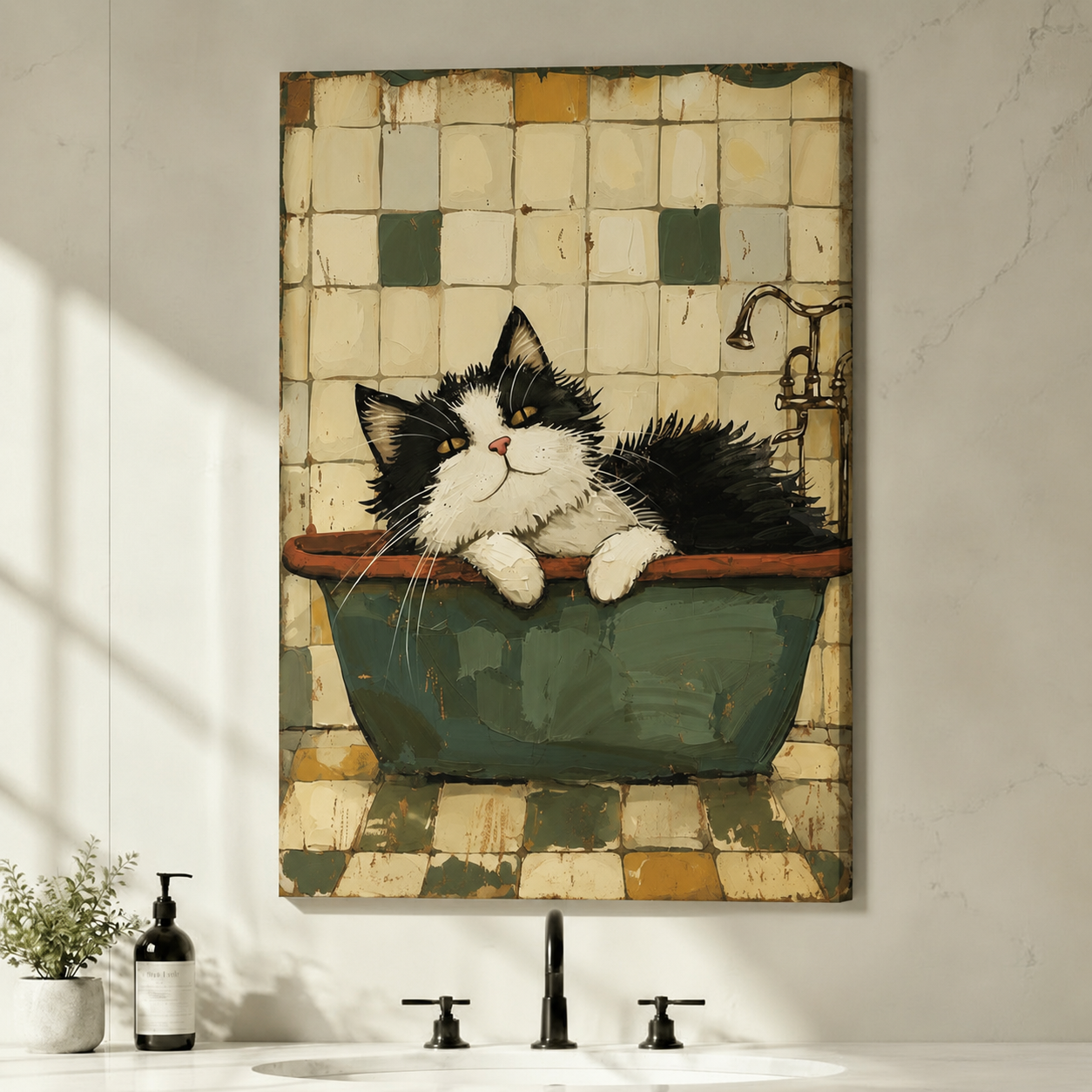 Gallery wrap canvas print featuring a whimsical black and white cat resting in an antique green clawfoot tub with aged ceramic tile wall art