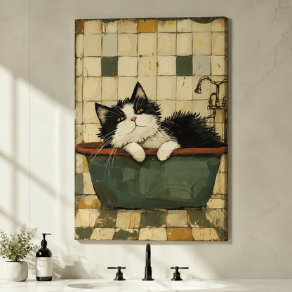 Gallery wrap canvas print featuring a whimsical black and white cat resting in an antique green clawfoot tub with aged ceramic tile wall art