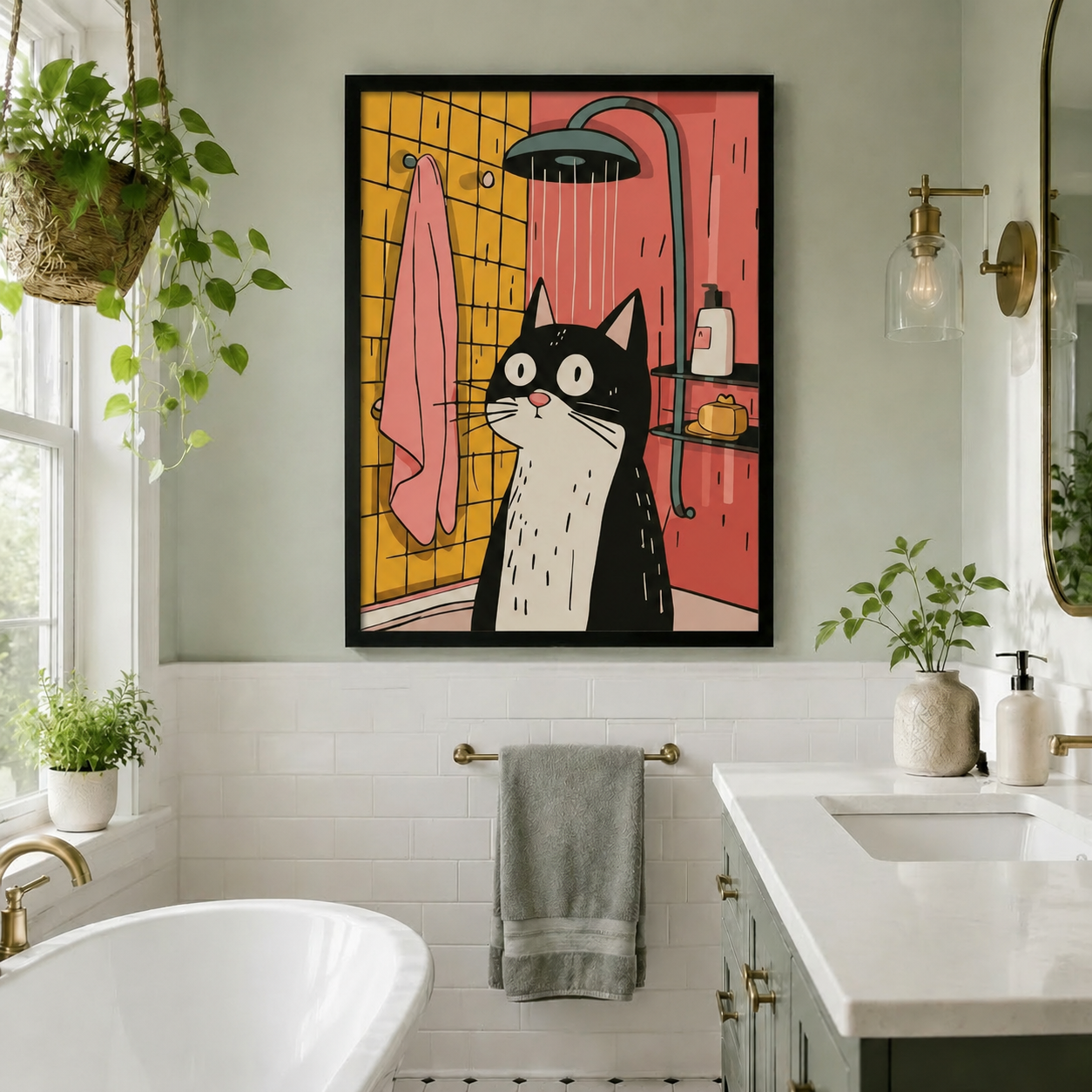 Funny tuxedo cat shower framed wall art in bright bathroom with freestanding tub hanging plants and gold hardware accents