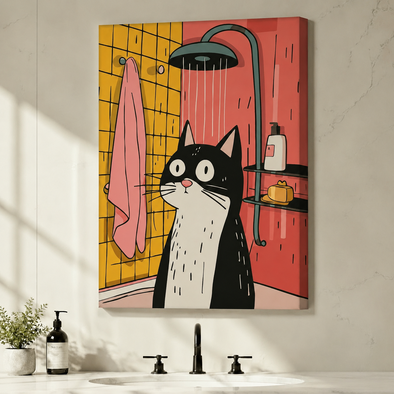 Humorous black and white cat in shower gallery wrap canvas art hung above modern bathroom vanity with bold yellow pink cartoon illustration