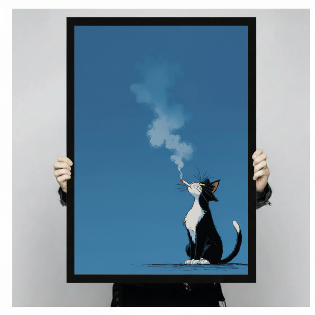 Both hands holding large framed tuxedo cat smoking print, full artwork view of cool black and white cat with cigarette and smoke curl against deep steel blue background