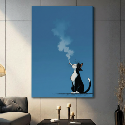 Laid-back black and white cat blowing smoke upward in cartoon illustration style on solid blue background, canvas wrap wall art in contemporary living room with dark sofa