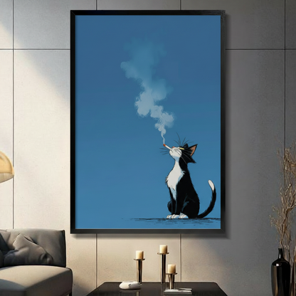 Cool tuxedo cat sitting sideways with a cigarette, smoke drifting upward against steel blue minimalist background, black framed wall art print in modern living room with dark sofa and candle holders