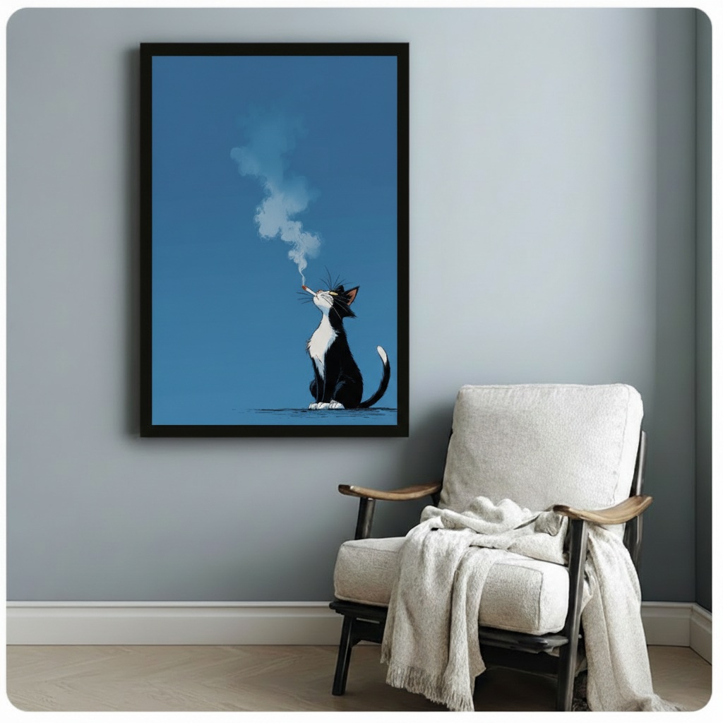 Stylish black and white cat smoking wall art with drifting smoke on blue background, black framed print above wooden-arm white armchair with draped blanket in blue-grey reading nook