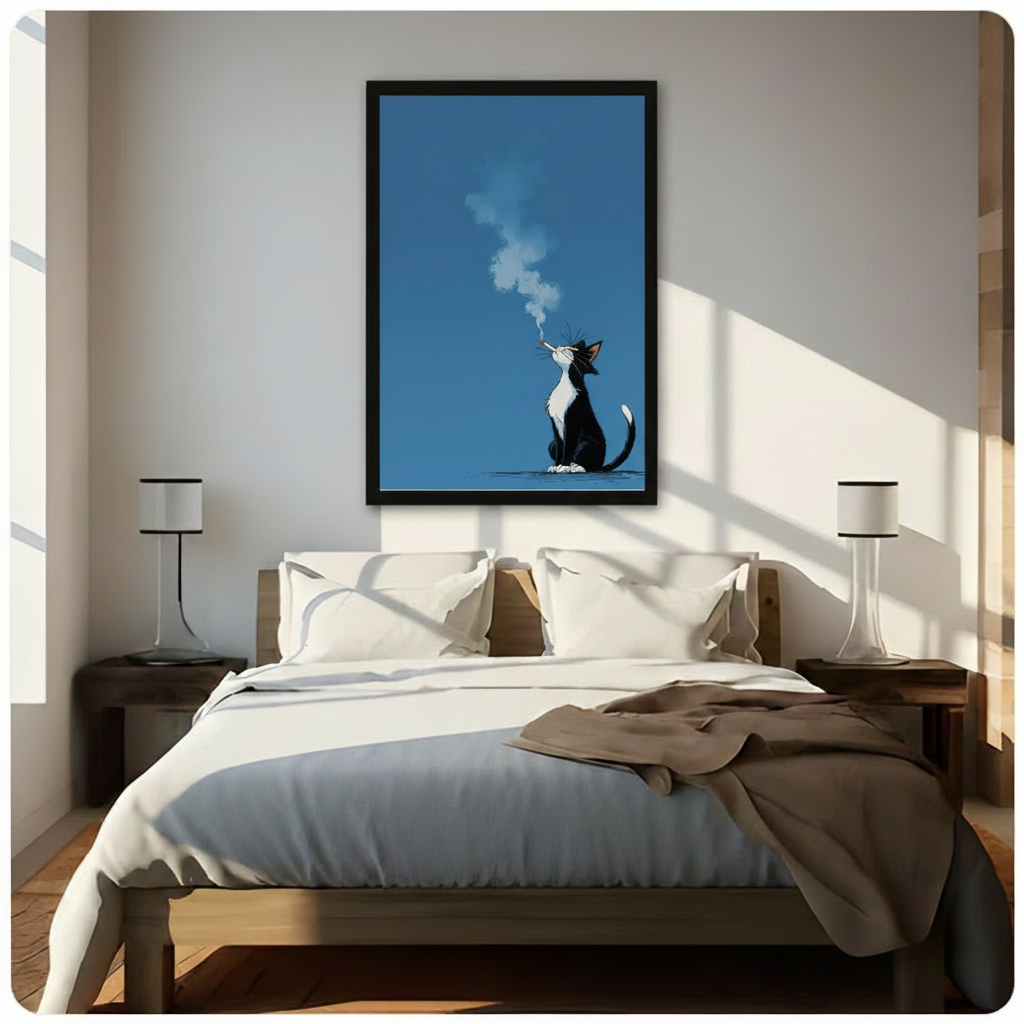 Tuxedo cat smoking cigarette framed wall art above bed in bright airy bedroom, cool blue minimalist cartoon print with bold natural sunlight, dark wood nightstands and modern white lamps