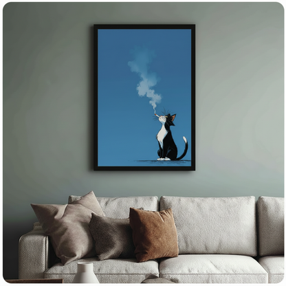 Nonchalant tuxedo cat with cigarette and rising smoke trail, cool minimalist blue background cartoon art, black framed print above beige fabric sofa in sage green living room