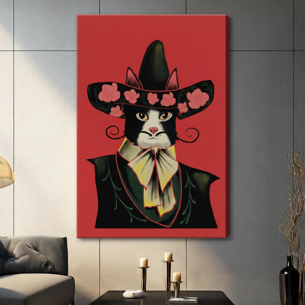 Folk art painting of a dressed-up tuxedo cat with a flower-trimmed black sombrero curled whiskers green cape and yellow bow tie on a vivid red background cat portrait wall art stretched canvas in a living room with dark gray panel wall dark sofa and black vase