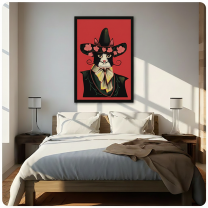 Folk art painting of a tuxedo cat in a black sombrero decorated with pink roses wearing a dark green cloak and yellow bow tie against a vivid red background bold cat wall art framed print above a bedroom with white linen bedding dark wood bed frame and cylindrical table lamps