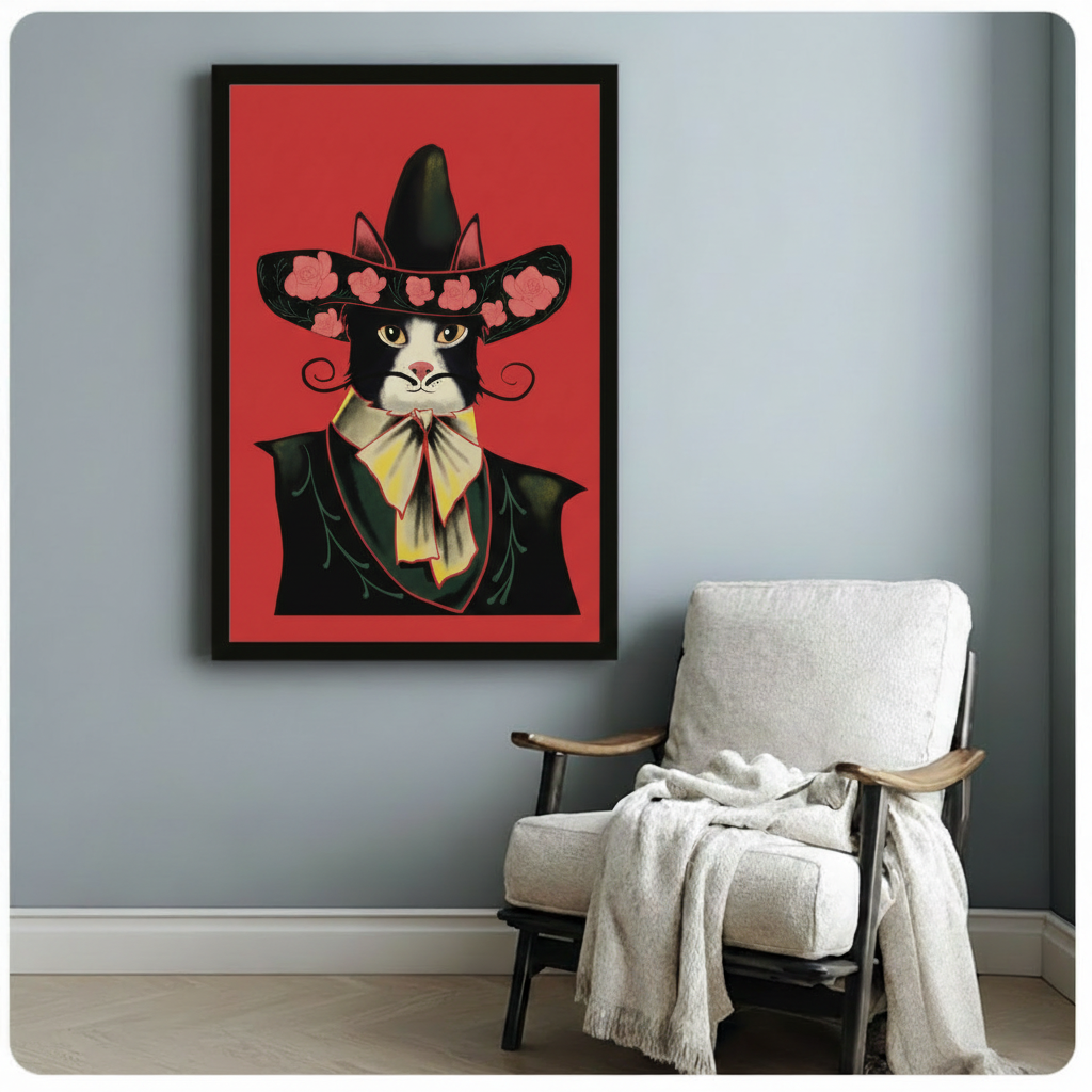 Bold folk illustration of a tuxedo cat wearing a pink rose sombrero dark green cloak and yellow necktie against a flat red background quirky cat portrait wall art framed print beside a white linen armchair on a blue gray wall