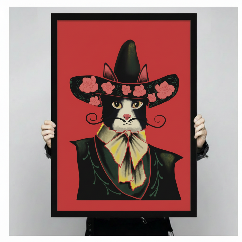 Folk art portrait of a black and white cat in a floral black sombrero green cape and yellow bow tie on a bold red background funny dressed cat wall art framed print held against a light gray background