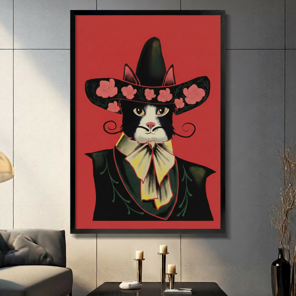 Folk art portrait of a tuxedo cat in a black sombrero with pink roses wearing a dark green cape and yellow bow tie against a bold red background cat wall art framed print in a living room with dark gray panel wall dark sofa and black vase