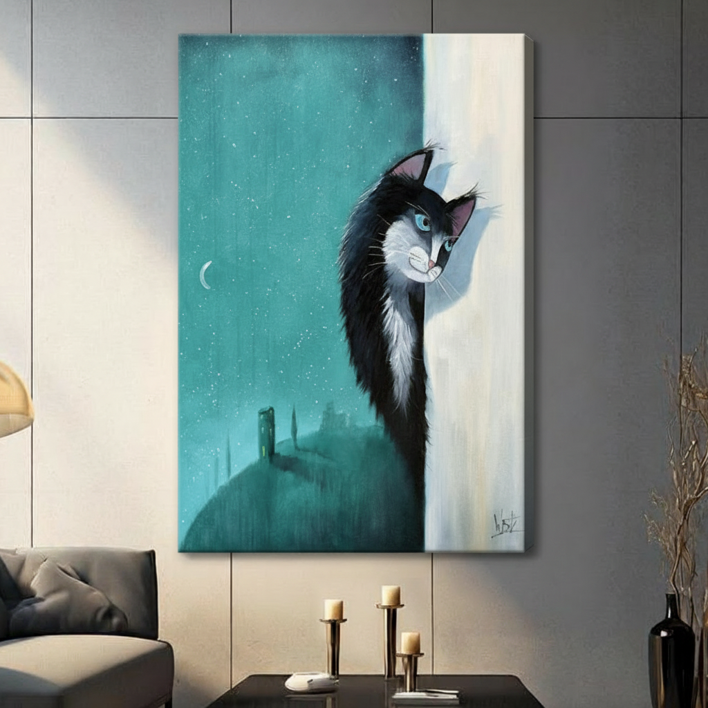 Black and white cat canvas print with teal starry night and gothic castle background in living room setting