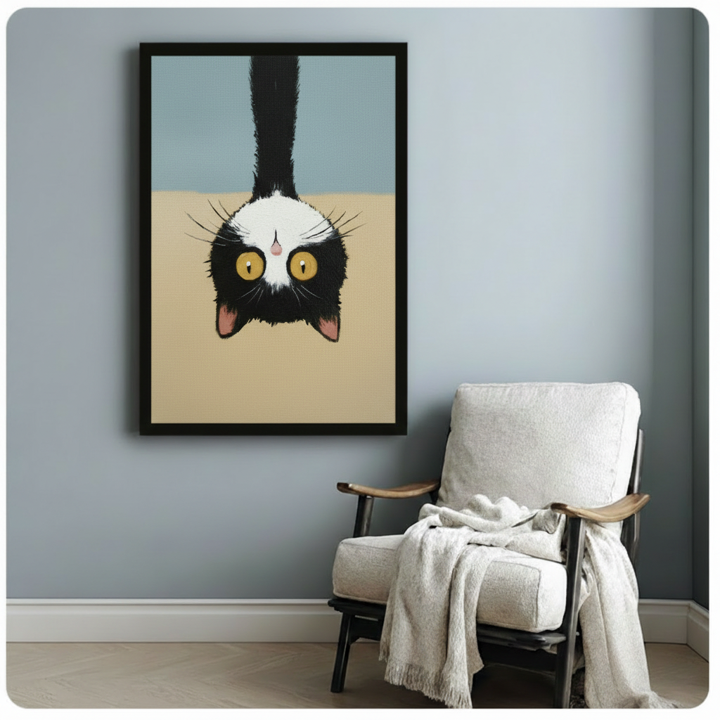  Playful black and white cat upside-down wall art with striking yellow eyes, black framed print styled above white linen armchair with draped blanket in cozy reading nook