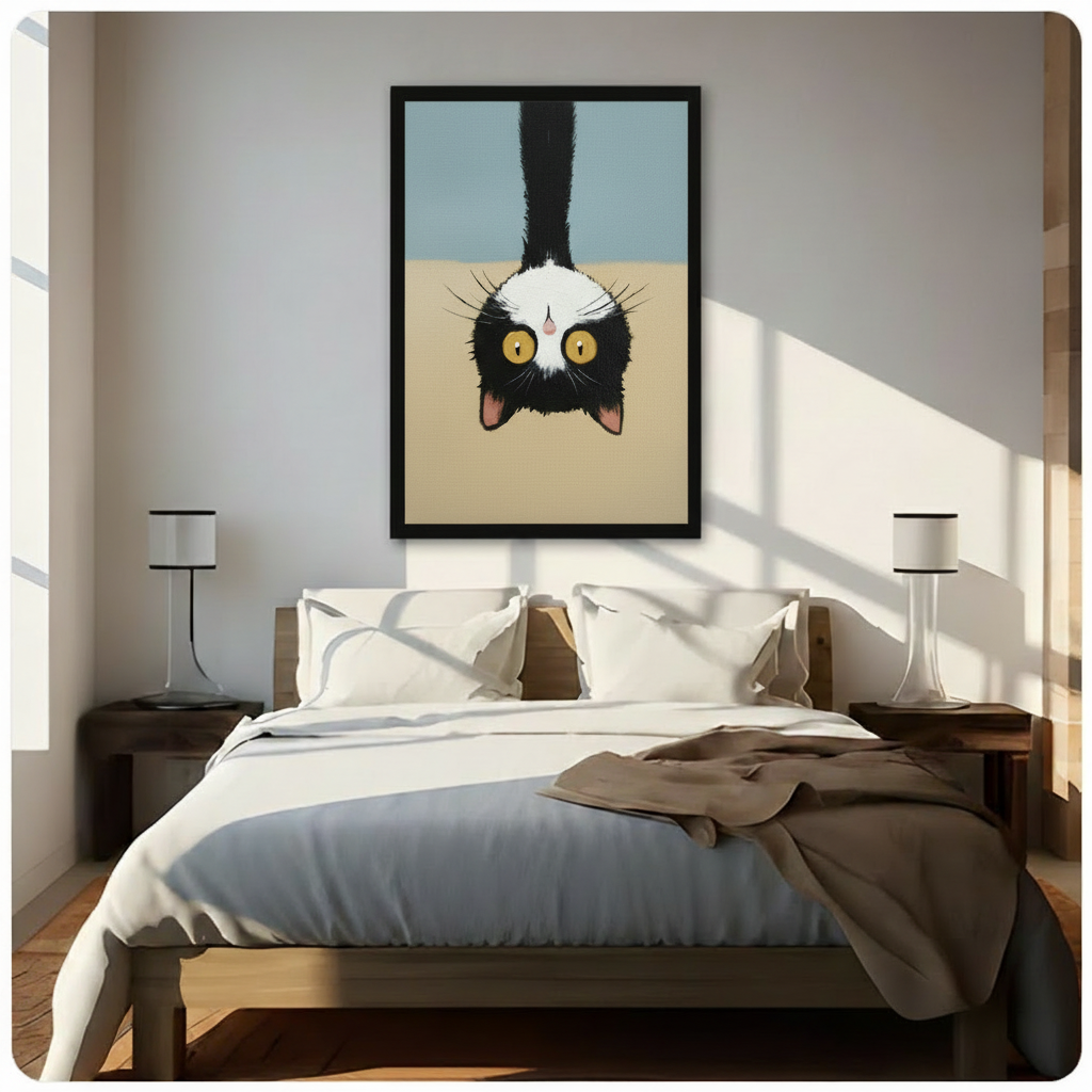 Funny tuxedo cat upside-down framed wall art above bed in bright Scandinavian-style bedroom, warm natural light with wooden nightstands and minimalist table lamps